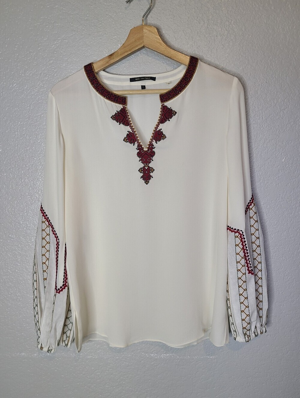 Kobi Halperin Yasmina Ivory Silk Golf Embroidered Blouse Long Sleeve V Neck Boho